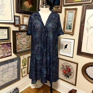 70s Vintage Femme of Dallas Black Purple Blue Floral A-Line Short Sleeve Dress 2